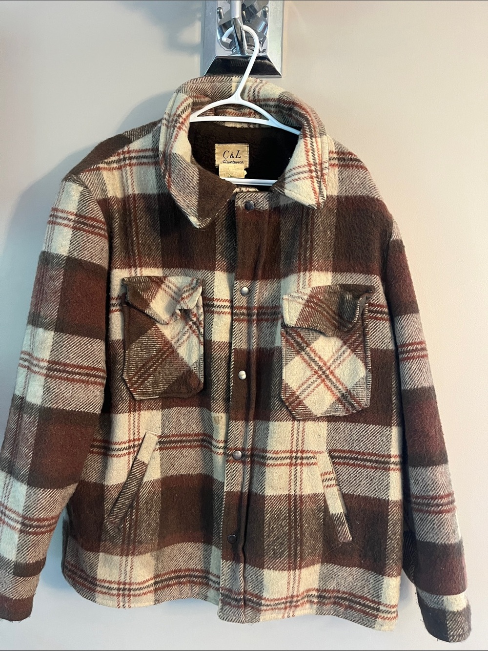 C&L Vintage Plaid Wool Button Jacket - Brown & Cream